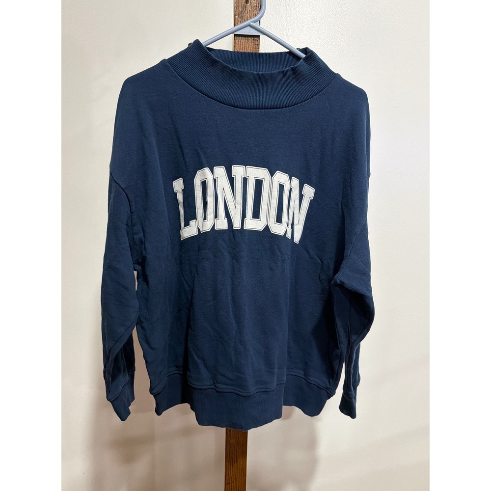 Anthropologie Navy Blue London Graphic Mock Neck Sweatshirt S Oversized Academic